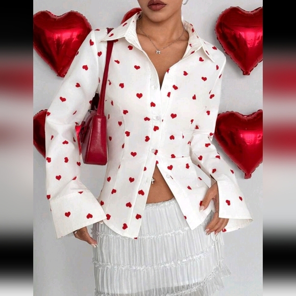 Heart Printed Simple Fitted Blouse For Women, Valentine's Day - Picture 3 of 4